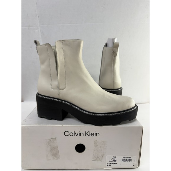 Calvin Klein Shoes - Calvin Klein Women's Amina Leather Block Heel Chelsea Boots Chic Cream Size 8M